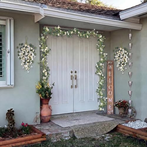 Pinkpum 20'' Eucalyptus Wreath 22'' Daisy Teardrop Swags Set 4 for Front Door Fireplace Hanging Porch Wall Home Window