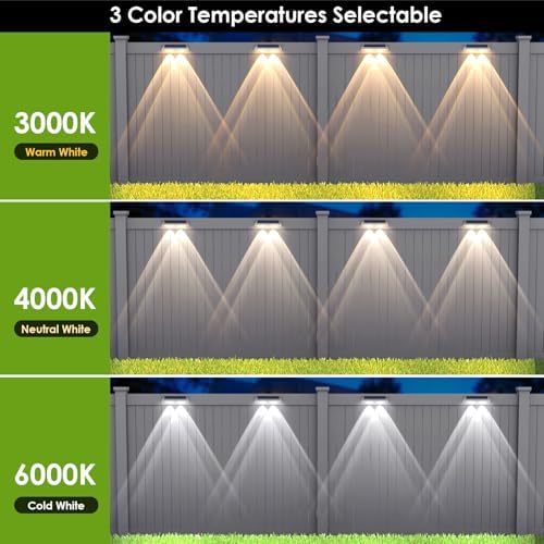 12 Pack Solar Fence Lights Outdoor Waterproof LED - 3000/4000/6000K 3 Mode, IP65 Waterproof Fence Lights Solar Powered