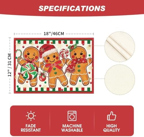 Artoid Mode Gingerbread Candy Cane Christmas Placemats Set of 4, 12x18 Inch Seasonal Table Mats for Party Kitchen Dining Decoration