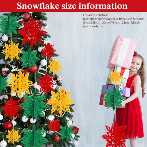 Whaline 18Pcs Christmas Hanging Decorations Red Green Gold 3D Snowflake Paper Ornaments with String Large Snowflake Pendant Garlands for Xmas Winter Wonderland Party Home Ceiling