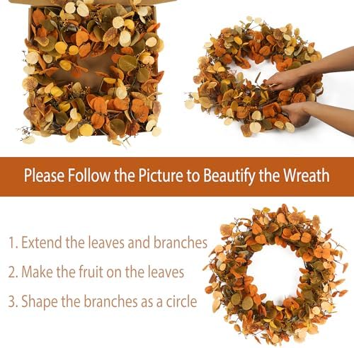 Eucalyptus Fall Wreaths for Front Door 22", Handmade Fall Leaves Wreath for Autumn, Floral Farmhouse Wreath for Wall and Outside Indoors