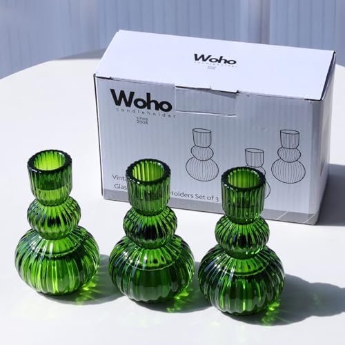 Woho 3pcs Green Taper Candle Holders, Candlestick Holders for Christmas