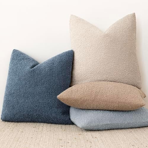 Textured Boucle Throw Pillow Covers Accent Solid Pillow Cases Soft / 20 x 20 / Blue Ashes / Set of 2