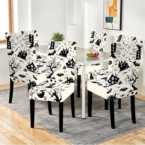 Halloween Chair Covers for Dining Room – Spooky Black and White Slipcovers with Haunted House, Bats, Pumpkins & Witches – Stretch Washable Chair Protectors for Party Decor, Trick or Treat