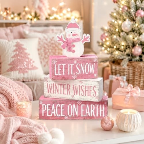 Colingmill 4 Pcs Pink Snowman Christmas Table Decor Winter Wooden Snowman