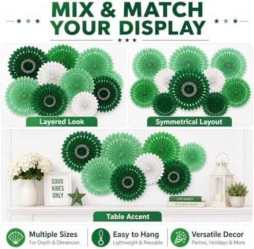 Green White Party Decoration Hanging Honeycomb Round Paper Fans Kit for Theme Birthday Baby Shower Summer Forest Patrick's Irish Backdrop Party Supplies 11 Count