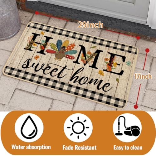 ORTIGIA Thanksgiving Turkey Doormat Home Sweet Home Indoor Outdoor Patio Fall Autumn Welcome Door Mats Non-Slip Durable Entrance Mat for Home Entrance Outside Entry Yard Floor Patio 17x29 INCH