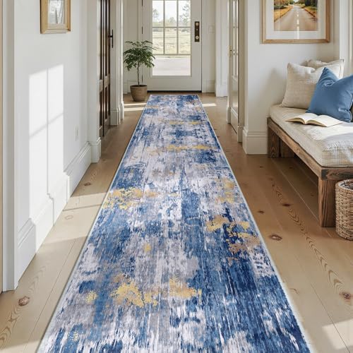 RELEANY Washable Runner 2'6"x14' Abstract Area Rug for Hallway Blue Gold