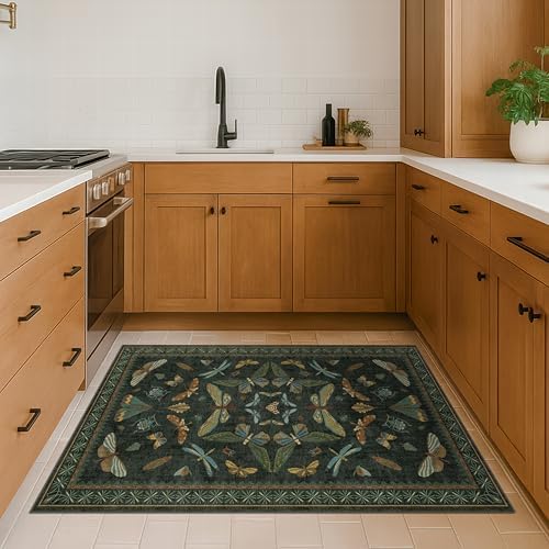 Dark Green Rug for Entryway Indoor- 3x6 Large Washable Kitchen Rug, Non Slip Insect & Floral Pattern Carpet for Entry