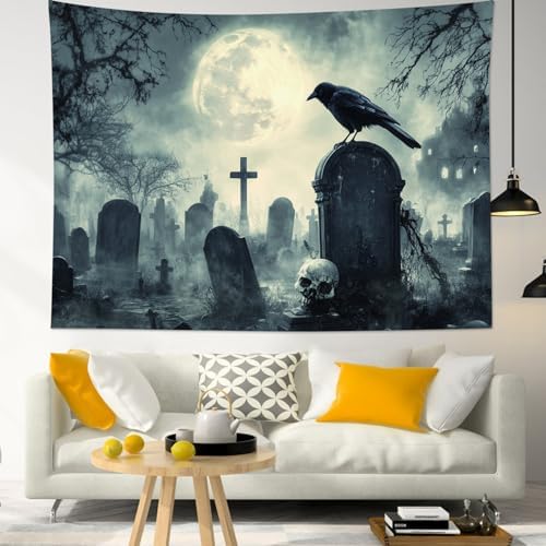 HVEST Halloween Tapestry Wall Hanging Horror Tombstone and Scary Skull in Cemetery Wall Art Spooky Dead Tree and Crow under Full Moon Tapestry for Bedroom Living Room Dorm Wall Decor, 51L X 59W inches