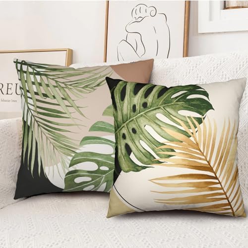 Summer Tropical Palm Leaf Pillow Cases 16x16 Set of 2 Green Banana Leaves Monstera Botanical Pillowcase Modern Geometric Plant Outdoor Decorative Throw Cushion Cases for Bedroom Living Room