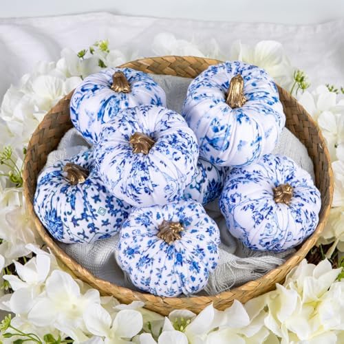 GnFlus Fake Pumpkin Decor 8 Pcs Faux Pumpkins Small Blue and White Velvet Pumpkins Mini Artificial Pumpkin Fall Decorations for Home Table Farmhouse Mantel Halloween Thanksgiving