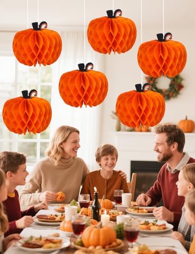 12 Pcs Fall Pumpkin Honeycomb Paper Decorations, Thanksgiving Pumpkins Table Centerpieces Hanging Pumpkin Honeycomb Tissue Balls for Halloween Thanksgiving Harvest Party Decor