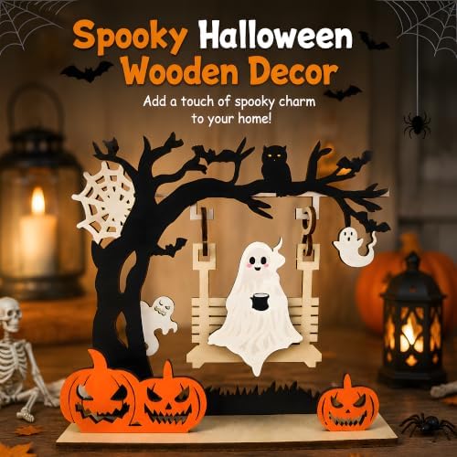 Halloween Decorations - Ghost Pumpkin Wooden Centerpiece Table Decor
