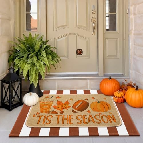 Tinideya 2 Pcs Fall Football Door Mat Outdoor Autumn Pumpkin Welcome Mat
