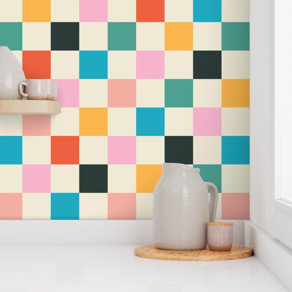Retro Checkerboard Orange Modern Multicolor Checker Custom Removable / 24 x 144 / Roll / Pink