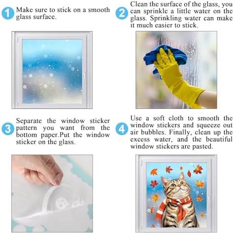 JarThenaAMCS 9 Sheets Hello Fall Window Clings Autumn Cat Maple Leaves Window Stickers Double-Sided Glass Decals for Thanksgiving Home Classroom Office Party Decoration