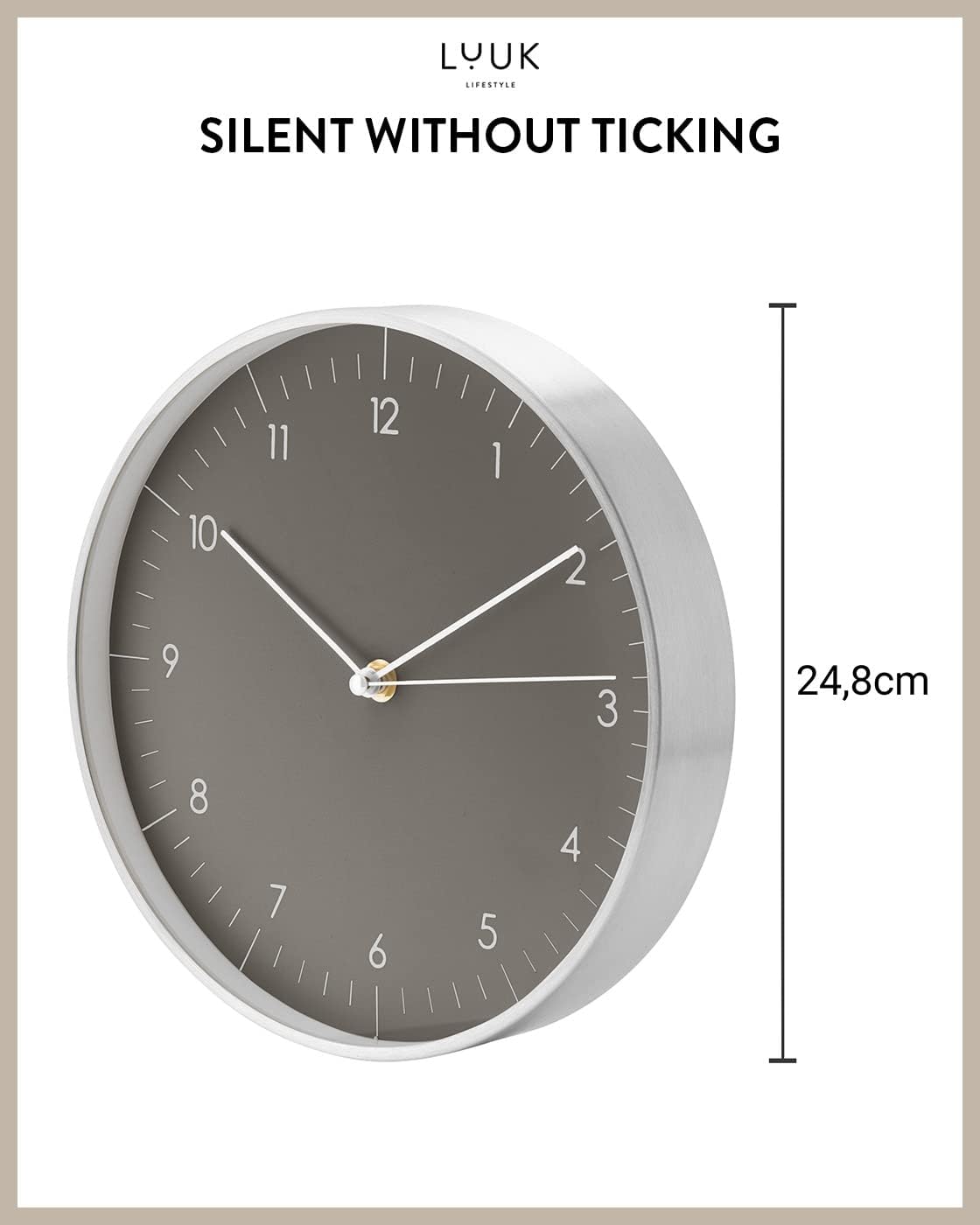 Modern Silent Quartz Wall Clock, 10in, Dark Grey & Silver | Designed in Germany, Simple & Elegant, Non-ticking, Analog