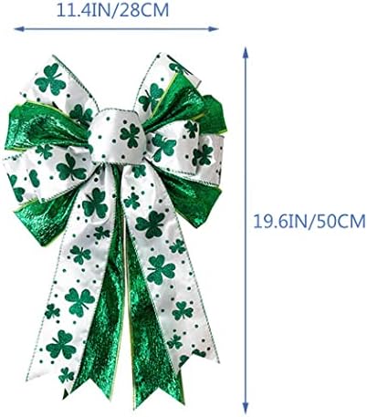 St Patricks Day Bow for Wreath Decorations,11.4 * 19.6in Large White Green Glitter Shamrock Bowknot Irish Holiday Crafts Bows for Tree Topper Front Door Outdoor Outside