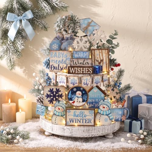 Shellwei 23 Pcs Christmas Tiered Tray Decor Set, Blue Snowman Wood Signs