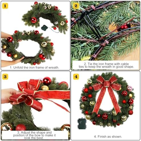 Juegoal 21 Inch Pre-Lit Christmas Wreath with Metal Hanger, Lighted Xmas Folded Wreath with 60 LED Lights, Red Bow and Colorful Balls, Battery Operated & Timer for Outdoor Home Window Wall Front Door