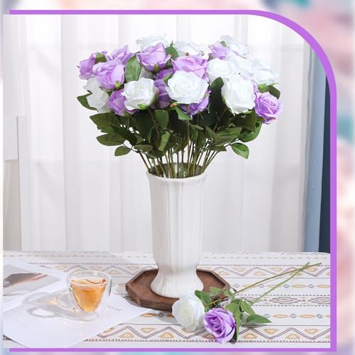36 Pcs Silk Purple White Rose Bouquet Bridal Artificial Flowers