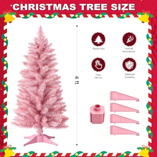 4ft Artificial Christmas Tree, Mini Xmas Pine Tree with 4-Leg Stable Plastic Base, Small Tabletop Christmas Tree for Home Office Holiday Party Indoor Decoration