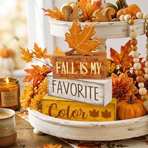 Lineshading 4 Pcs Fall Wooden Block Signs Farmhouse Tabletop Maple Leaf