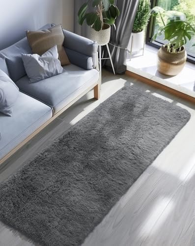Ophanie 2x8 Runner Rug for Hallway, Upgrade Non-Slip Fluffy Soft Bedside Rugs, Bedroom Living Room Grey Shaggy Gray