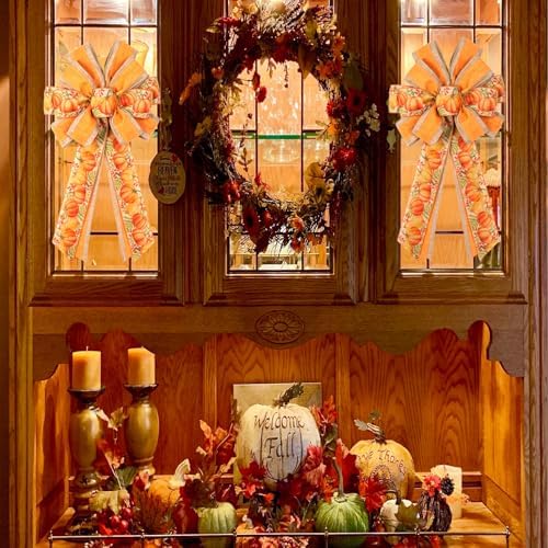 2 PCS Large Fall Bows for Wreath Fall Wreath Bow Autumn Tree Topper Bow