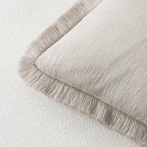 MIULEE Linen Fringe Decorative Euro Pillow Covers Natural Beige 22x22