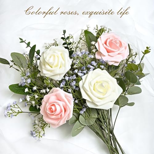 BLEUM CADE 16Pcs Artificial Flowers Fake Foam Roses with Stems for Wedding