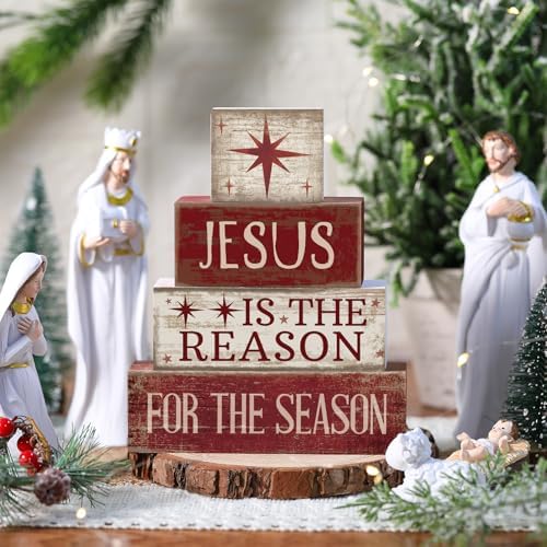 Lineshading 4 Pcs Christmas Farmhouse Wooden Block Signs Jesus Tiered Tray