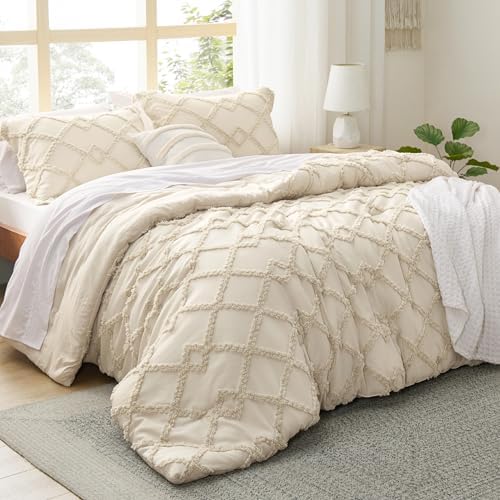 Bedsure Boho Comforter Set Queen - Beige Tufted Queen Size Comforter, 3 Pieces Farmhouse-Style Embroidery Bed Set, Soft
