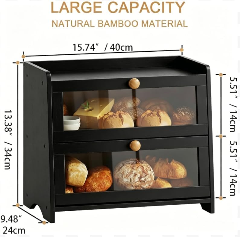 BAMBANG Bread Box for Kitchen Countertop, Extra Large Bamboo Bread Storage Container for Homemade Bread, Double Layer