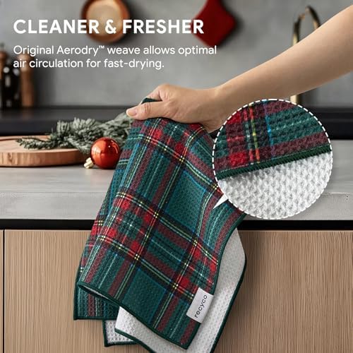 RECYCO Christmas Waffle Kitchen Towel Set of 2 - Quick Dry Microfiber Sustainable Dish Towels - Ultra Absorbent Reusable Cleaning Tea Towels - Lightweight Hand Towels,16”x 28”, Stewart Plaid Green