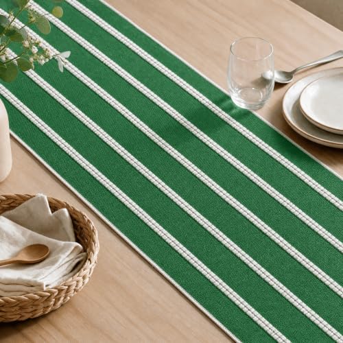 Artoid Mode Green Farmhouse Dashed Stripe Table Runner, Seasonal Holiday Christmas Boho Rustic Kitchen Dining Table Decoration for Home Party Decor 12x90 Inch