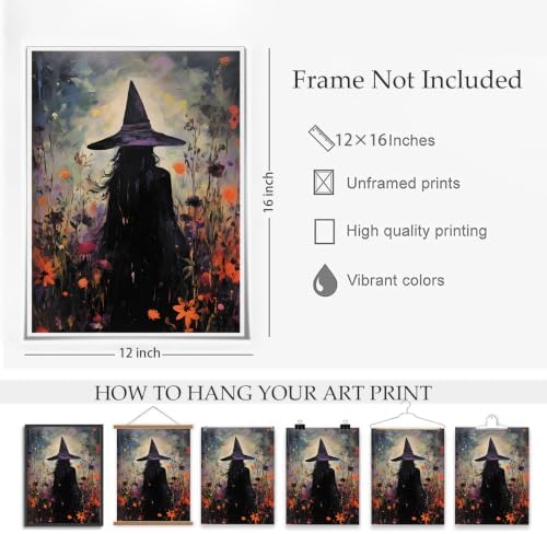 ILLBDR Halloween Witch with Flowers Canvas Wall Art Poster 12x16 inch