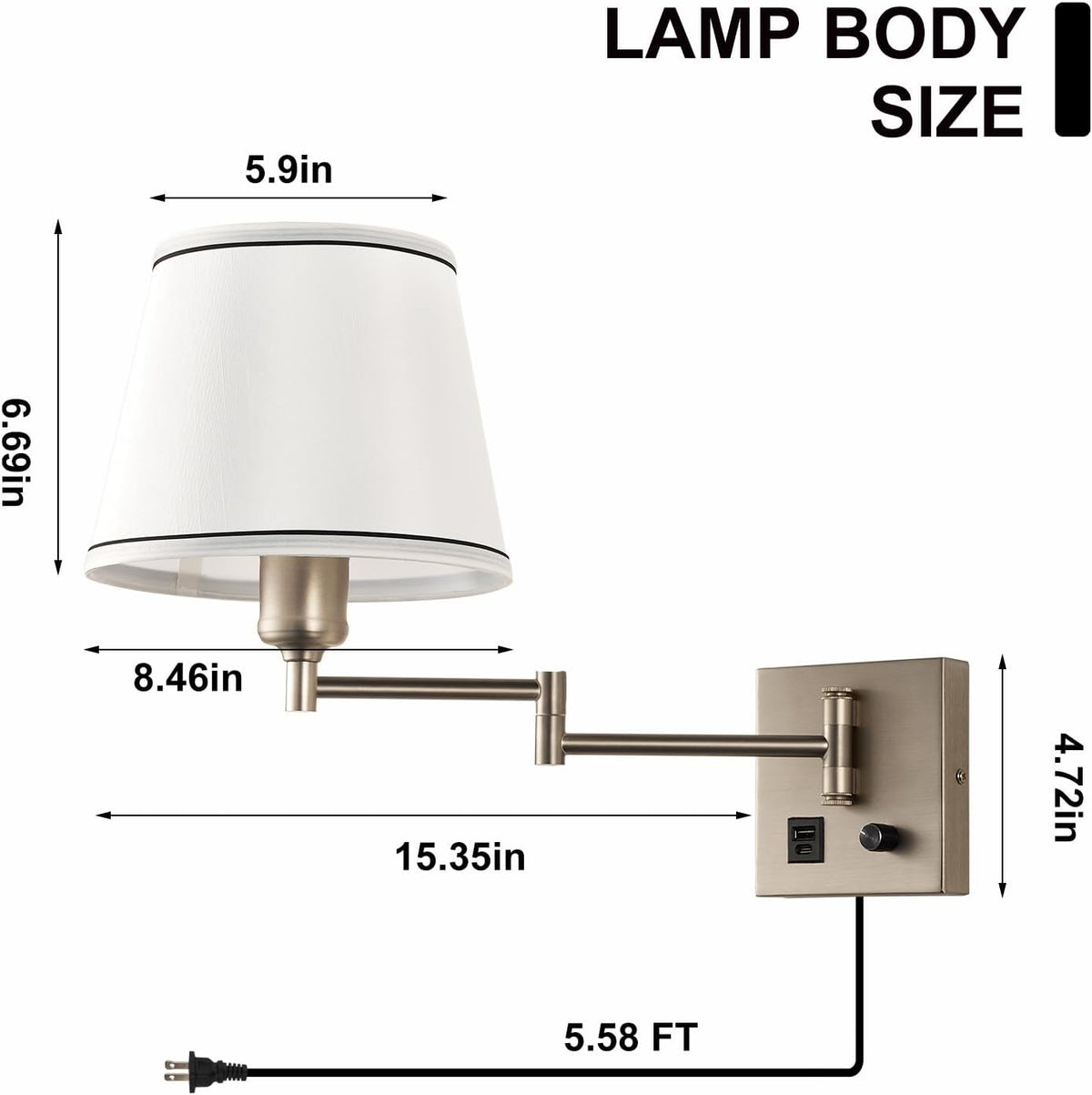 Swing Arm Wall Lamp, Satin Nickel, White Fabric Shade | Type-C and USB Charging Port, Dimmable Switch, Plug in Wall