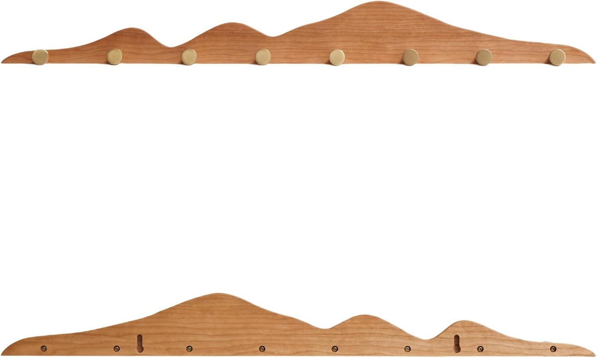 Wall Coat Rack, Cherry Wood, 8 Hooks | Elegant, Solid Coat Hanger, Wall Mount with Brass Hooks, Moisture-Resistant Wax