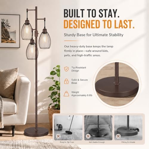 Nintiue Dimmable Floor Lamp,3x800LM LED Bulbs Included, Farmhouse Industrial Floor Lamp Standing Tree Lamp with