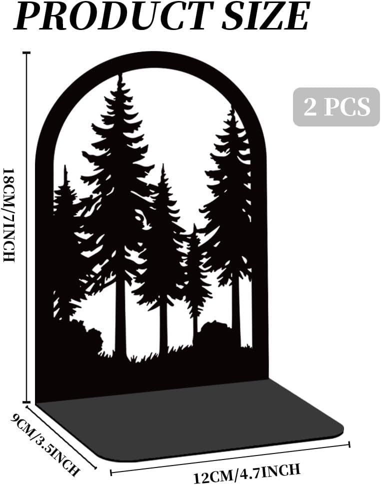 Pine Tree Metal Bookends for Desk / Forest / Black