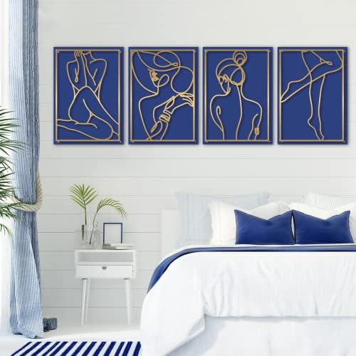 Glamativity Large 4 Pack Gold Wall Art, Minimalist Single Line Art, Real Metal Wall Art, Woman's Body Shape Abstract