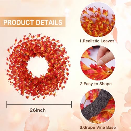 26 Inch Fall Wreath for Front Door, Autumn Thanksgiving Decor (Orange)