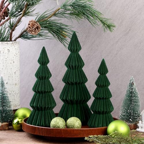 Set of 3 Velvet Ceramic Christmas Tree Decor, Dark Green