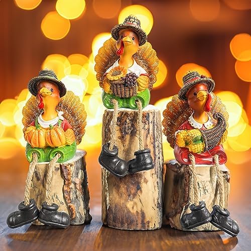 NEROSUN Thanksgiving Tabletop Decor, 3 Pack Resin Turkey Figurines Fall Decor for Autumn Indoor Home Desk Shelf Decorations