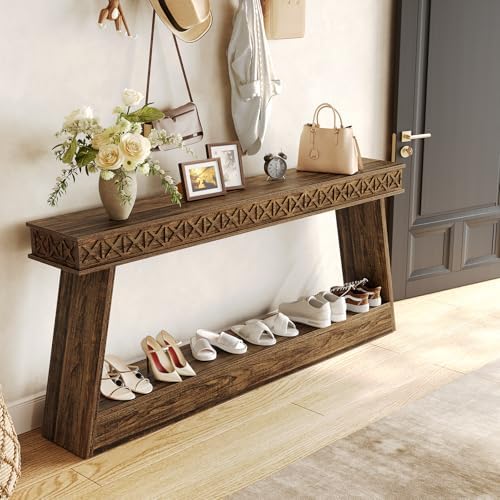 LITTLE TREE 70.87" Long Farmhouse Console Table, 2-Tier Shelf Narrow Accent Entryway Sofa Table for Living Room, Behind