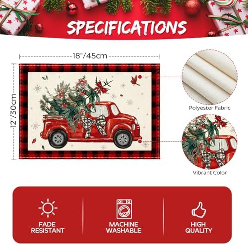OTOSTAR Christmas Placemats Set of 4, 12x18 Inch Red and Black Buffalo Plaid Christmas Truck Tree Place Mats Seasonal Winter Xmas Holiday Kitchen Dining Table Mats for Home Party