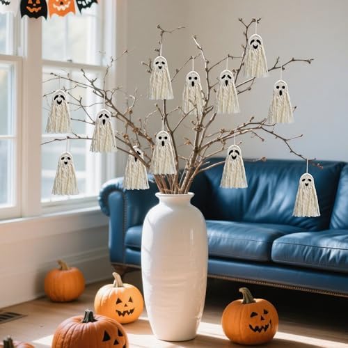 12 Pcs 5" Halloween Boho Ghost Macrame Decor, Handmade Boho Ghost Ornaments