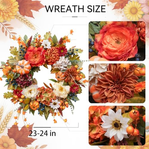 Fall Wreaths for Front Door 24 Inch Autumn Rustic Harvest Pumpkin Wreath